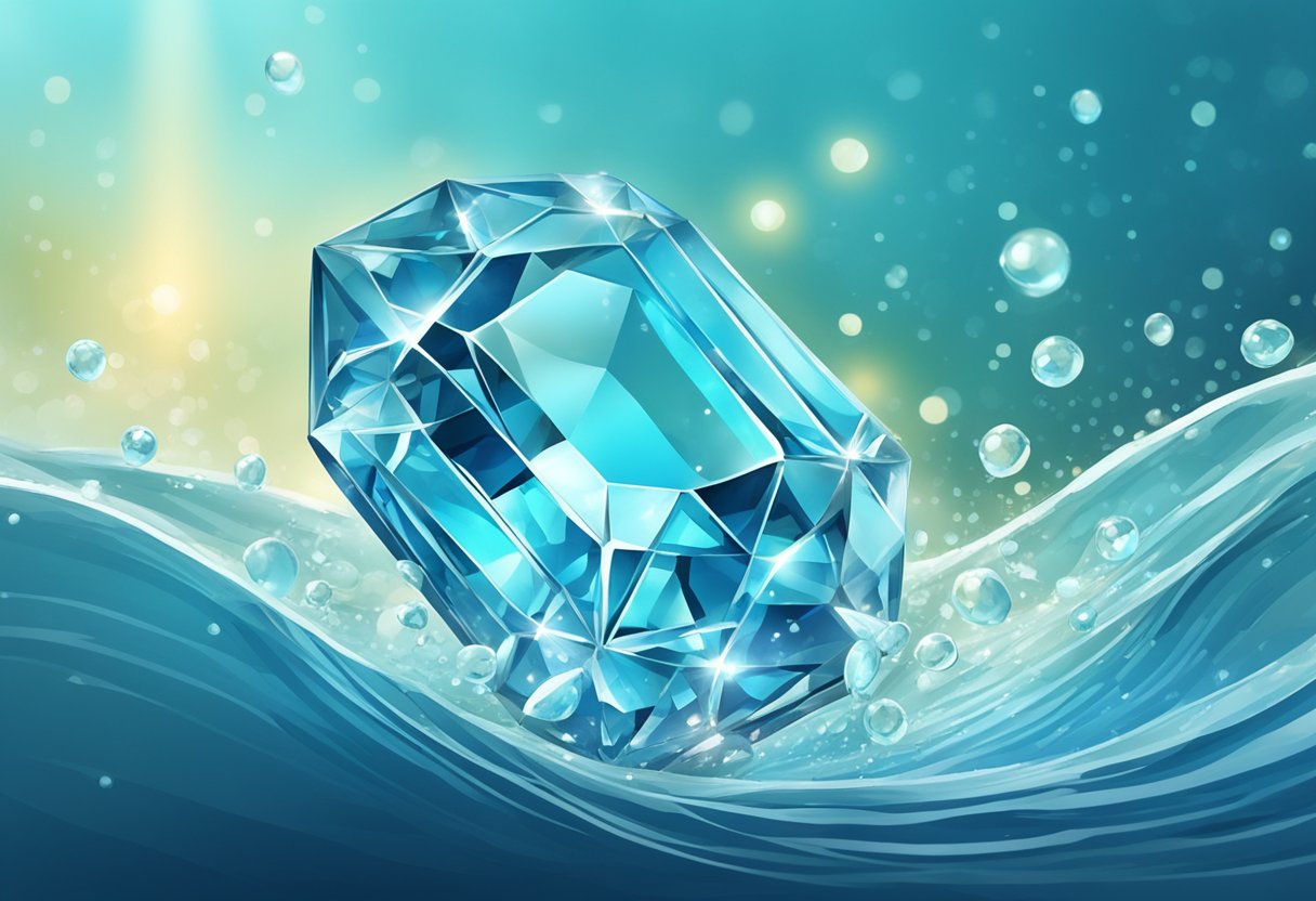 A sparkling aquamarine gemstone surrounded by water droplets and waves, with the Aquarius symbol floating above