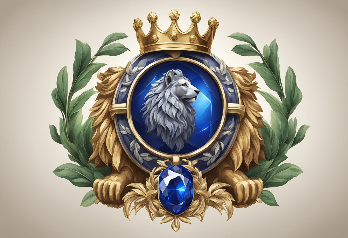 A sapphire set in a royal crown, surrounded by laurel wreaths and a heraldic lion, symbolizing power and wisdom throughout history