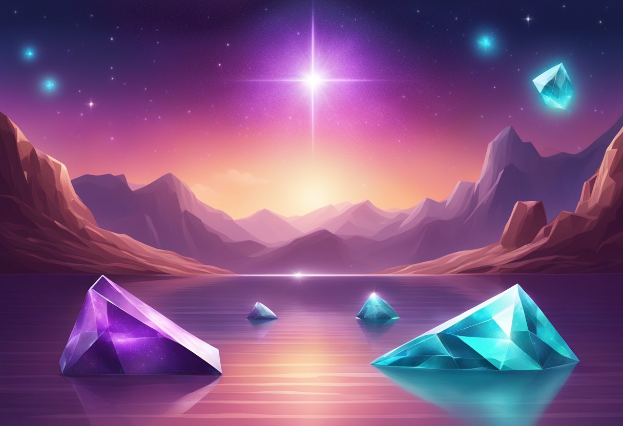 A sparkling amethyst, a shimmering garnet, and a radiant turquoise arranged on a celestial backdrop