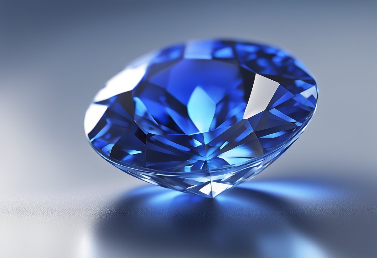 A brilliant blue sapphire gemstone sits atop a reflective surface, refracting light and emitting a sense of elegance and strength