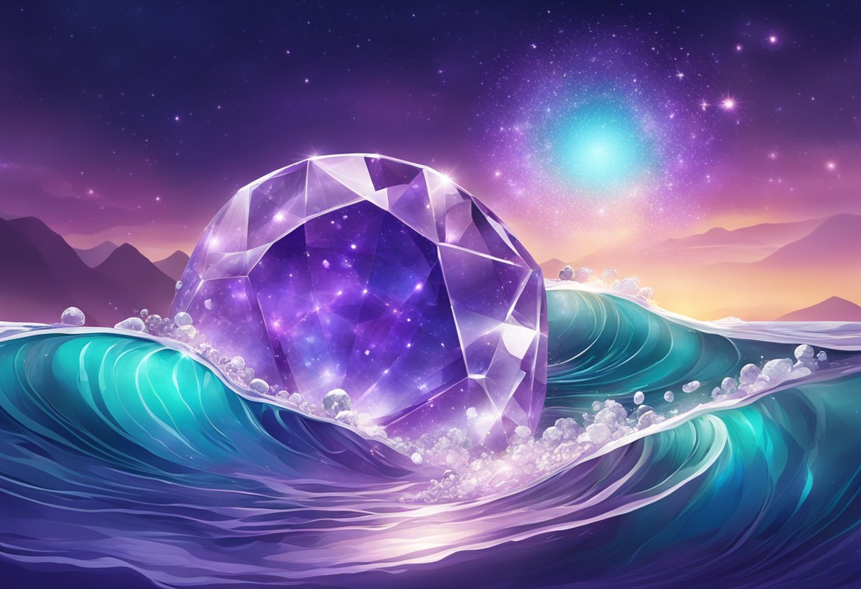 A sparkling amethyst and turquoise gemstones set against a celestial background with waves of water flowing around them