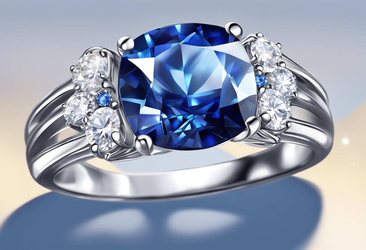 A sparkling sapphire gemstone set in a delicate silver ring, catching the light and shimmering with deep blue hues