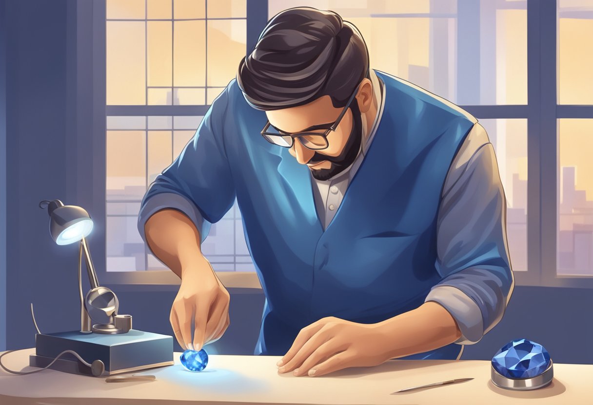 A jeweler carefully polishing a brilliant blue sapphire gemstone with a soft cloth, inspecting its clarity and luster under a bright light