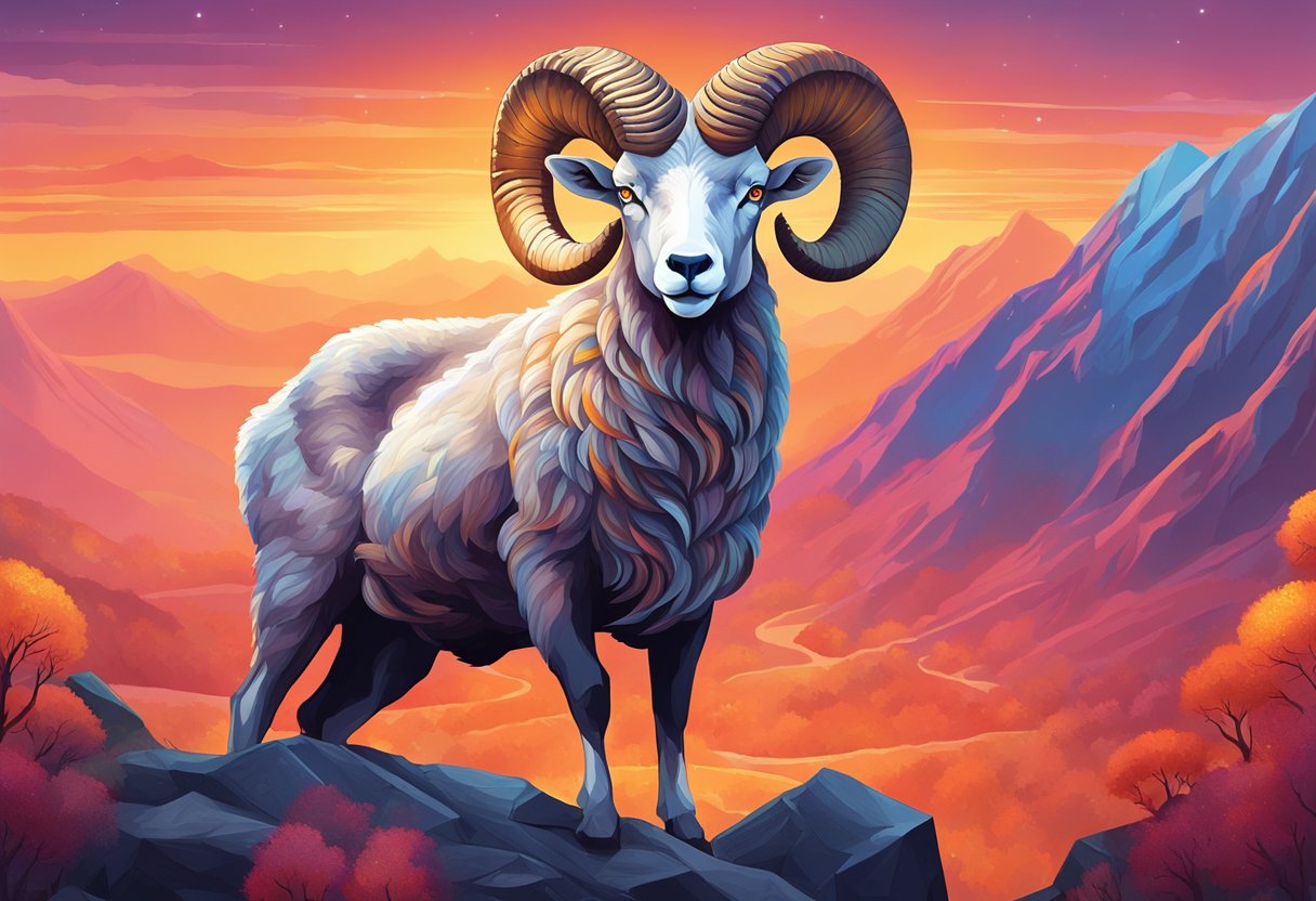 A ram with fiery eyes stands proudly atop a mountain, surrounded by vibrant red and orange hues. A sparkling diamond glints in the foreground