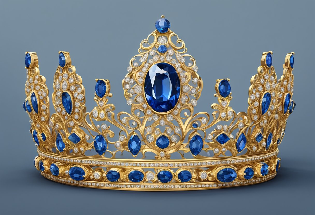 A regal sapphire set in a jeweled crown, surrounded by intricate gold filigree and sparkling diamonds