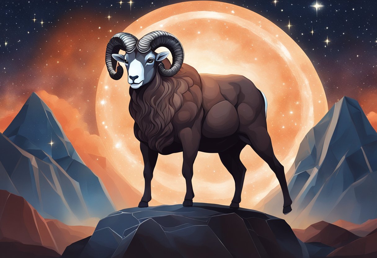 Aries birthstone scene: Ram symbol with fiery red jasper, diamond, and bloodstone set against a backdrop of a starry night sky