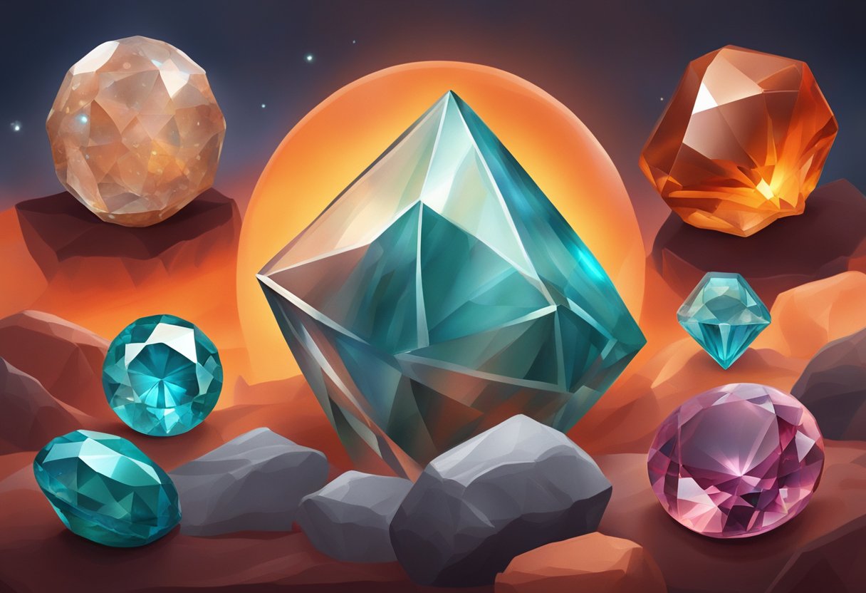 Aries birthstones: bloodstone, diamond, and aquamarine, set against a fiery background of red and orange hues