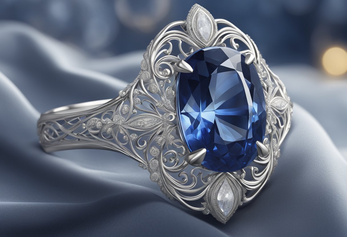 A sapphire gemstone resting on a bed of velvet, surrounded by delicate silver filigree and illuminated by a soft, ethereal glow