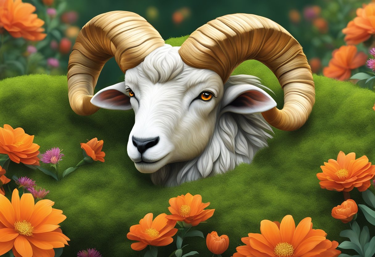 Aries birthstones arranged on a bed of green moss, surrounded by fiery red and orange flowers, with a ram's horn resting nearby