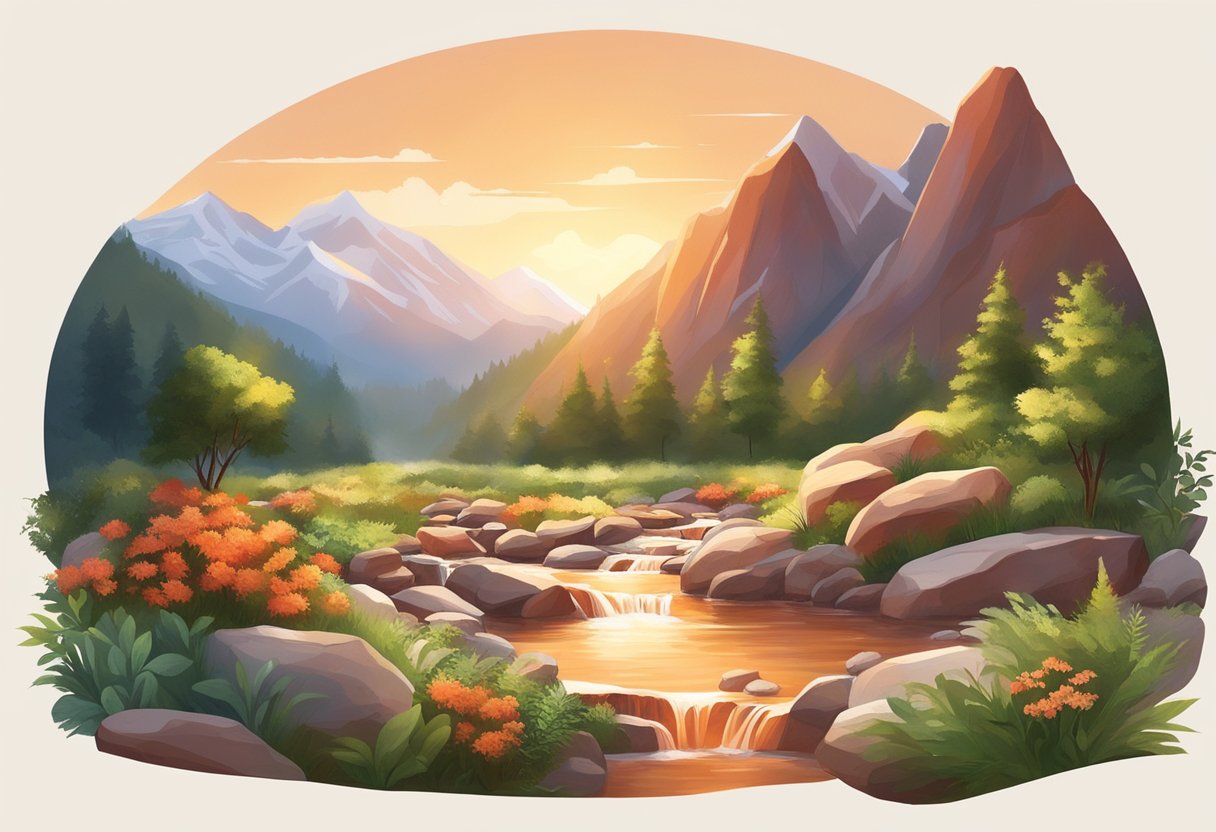 A serene mountain spring flows over a cluster of red jasper stones, surrounded by lush greenery and bathed in soft, golden sunlight