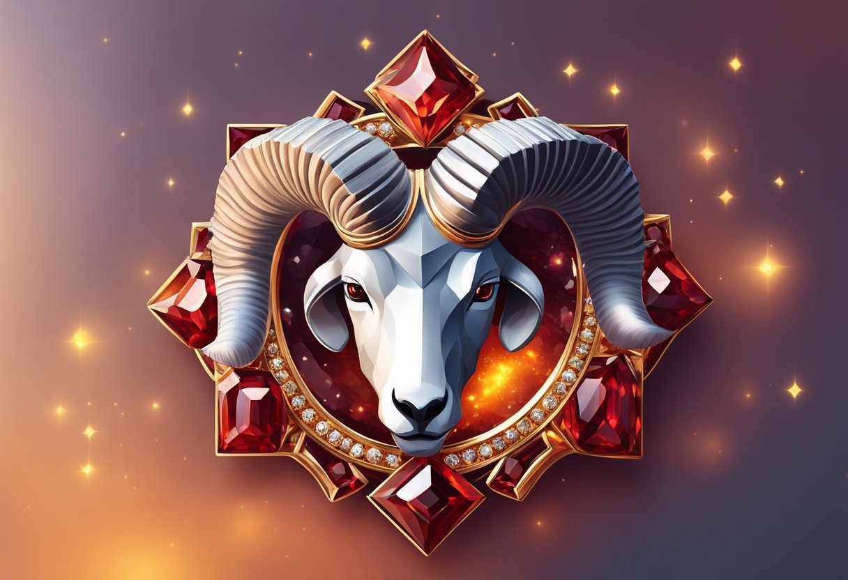 A sparkling diamond surrounded by fiery red garnets, set against a backdrop of ram horns and the symbol for Aries