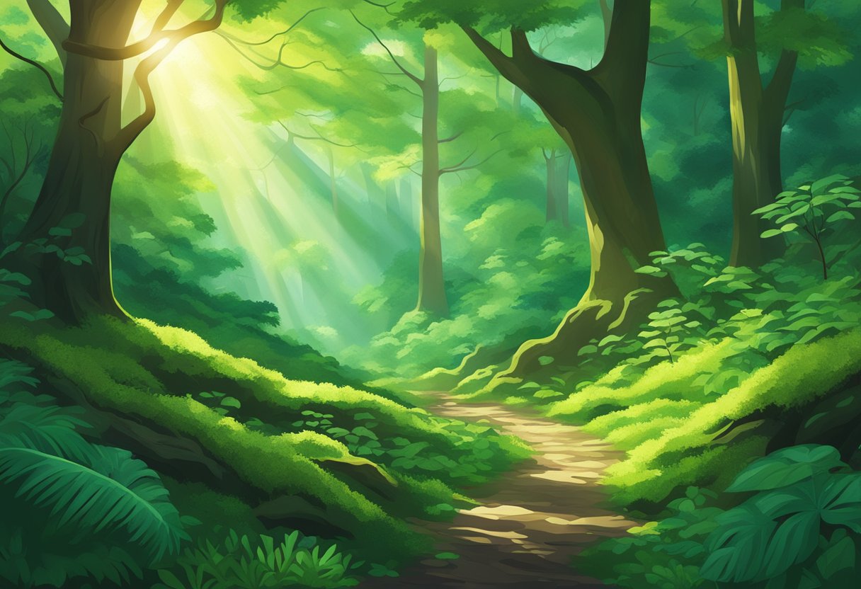 A lush, green forest with sunlight filtering through the dense canopy, highlighting the vibrant emerald leaves and moss-covered rocks