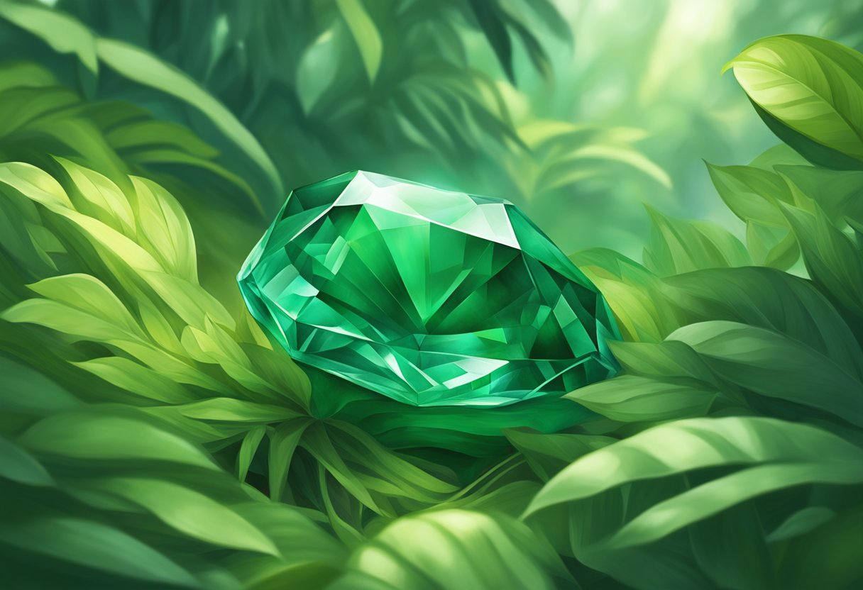 An emerald nestled in a bed of lush green foliage, bathed in soft, ethereal light