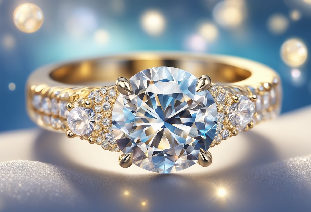 A dazzling diamond ring sits atop a bed of glittering crystals, catching the light and casting a radiant sparkle