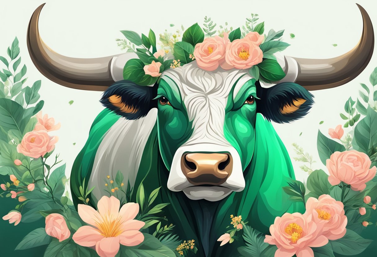 A bull with a gleaming emerald nestled in its horns, surrounded by lush greenery and blooming flowers