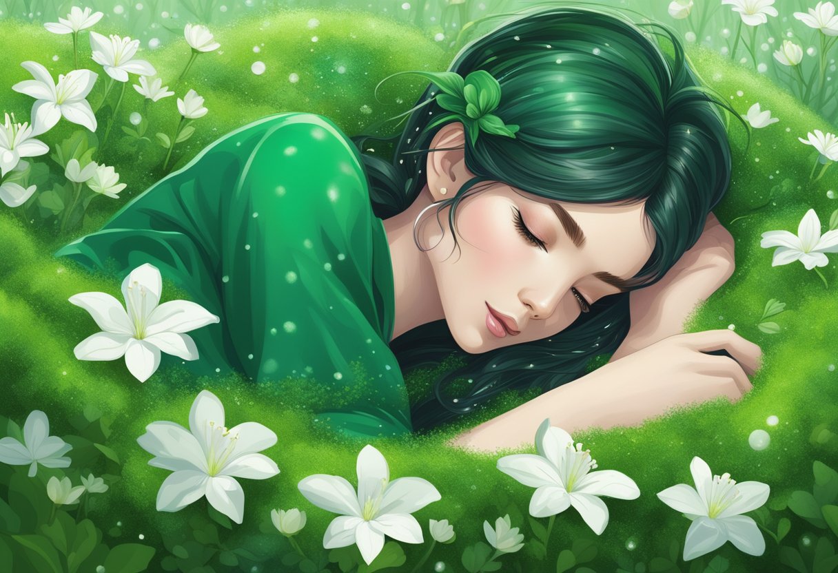 A lush emerald nestled in a bed of vibrant green moss, surrounded by delicate white flowers and shimmering droplets of dew