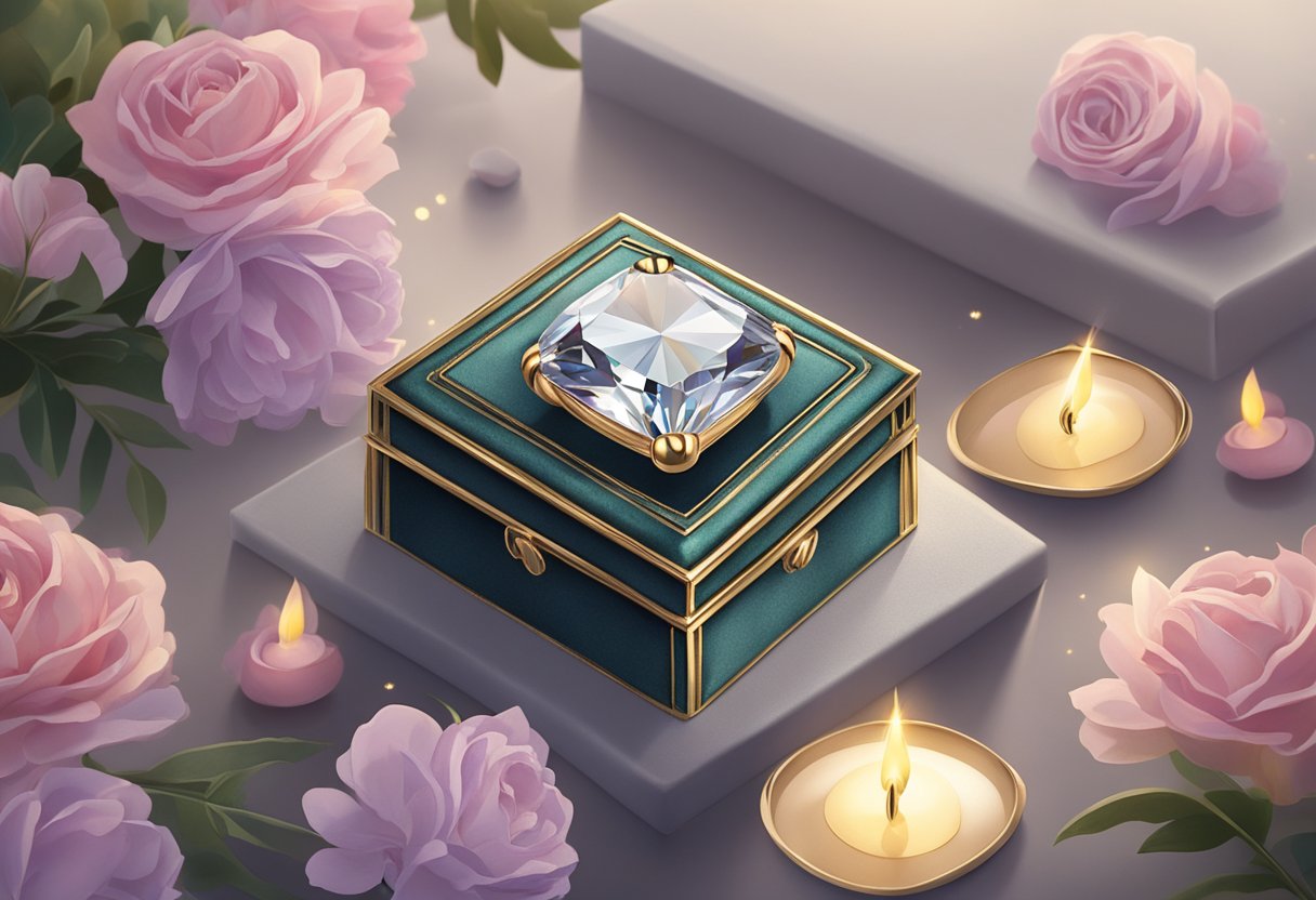 A sparkling engagement ring on a velvet jewelry box, surrounded by soft candlelight and delicate flowers