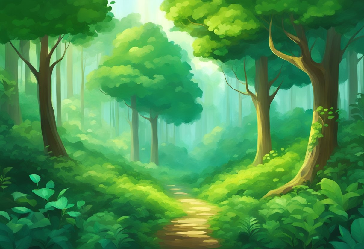 A lush green forest with a sparkling emerald nestled among the vibrant foliage, emanating a sense of tranquility and balance