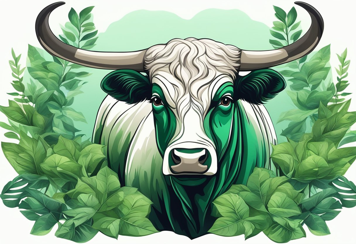 A serene bull with a shimmering emerald nestled among lush green foliage