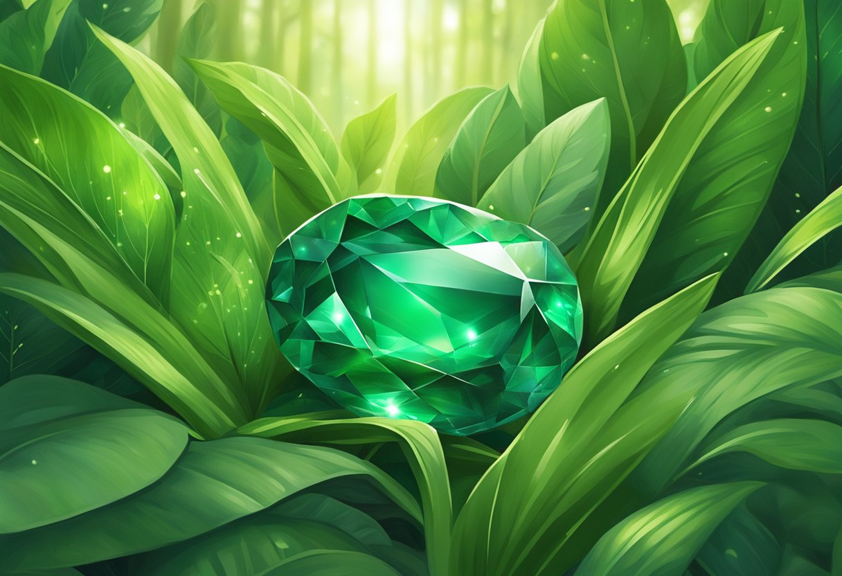 A sparkling emerald nestled among lush green foliage, radiating a sense of tranquility and vitality