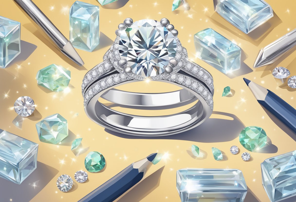 A sparkling engagement ring surrounded by a stack of frequently asked questions