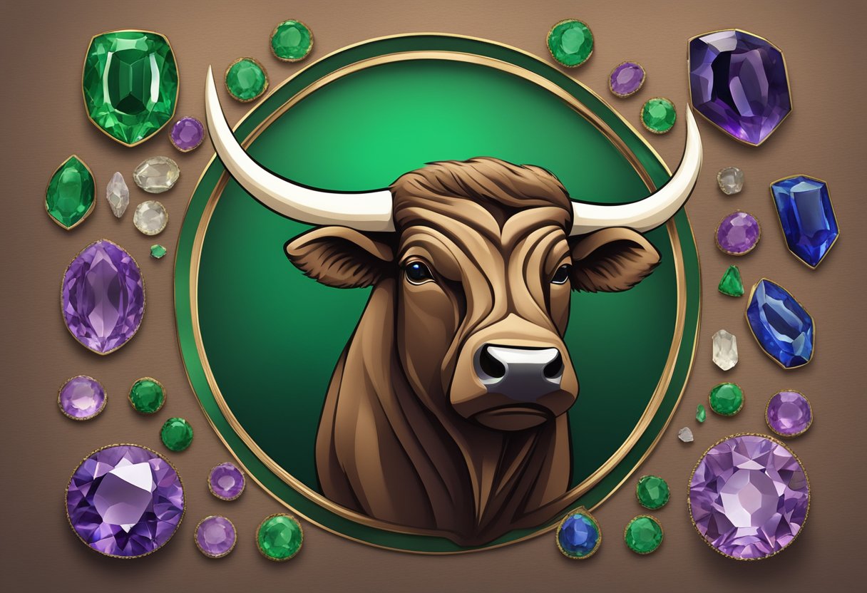 A bull-shaped amethyst, emerald, and sapphire birthstones arranged on a bed of earthy brown and green tones