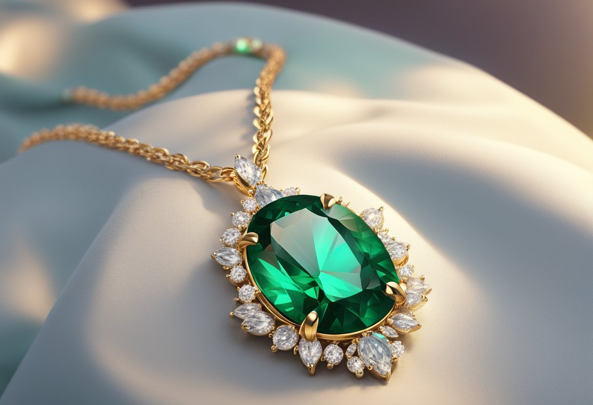 A sparkling emerald necklace lies on a velvet cushion, catching the light