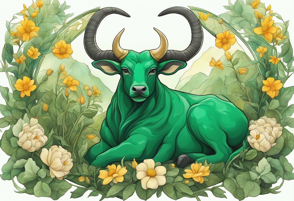 A lush green emerald nestled among earthy Taurus symbols and blooming flowers