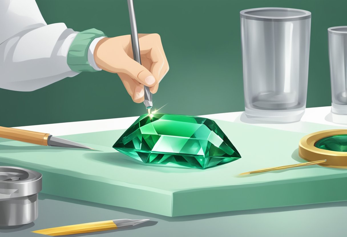 A jeweler carefully cuts and polishes a vibrant green emerald gemstone, preparing it for a stunning piece of jewelry