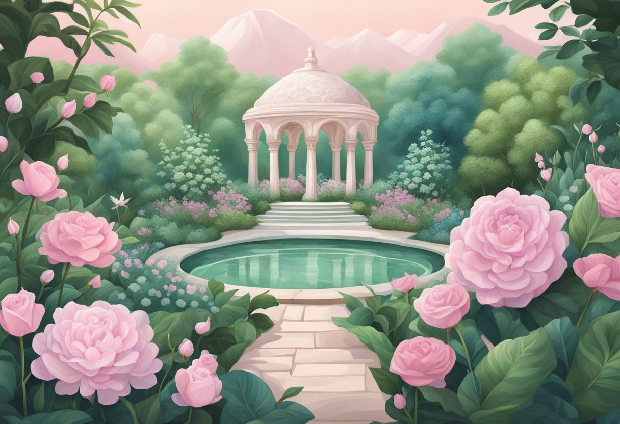 A serene garden with rose quartz and malachite taurus birthstones nestled among lush greenery and blooming flowers