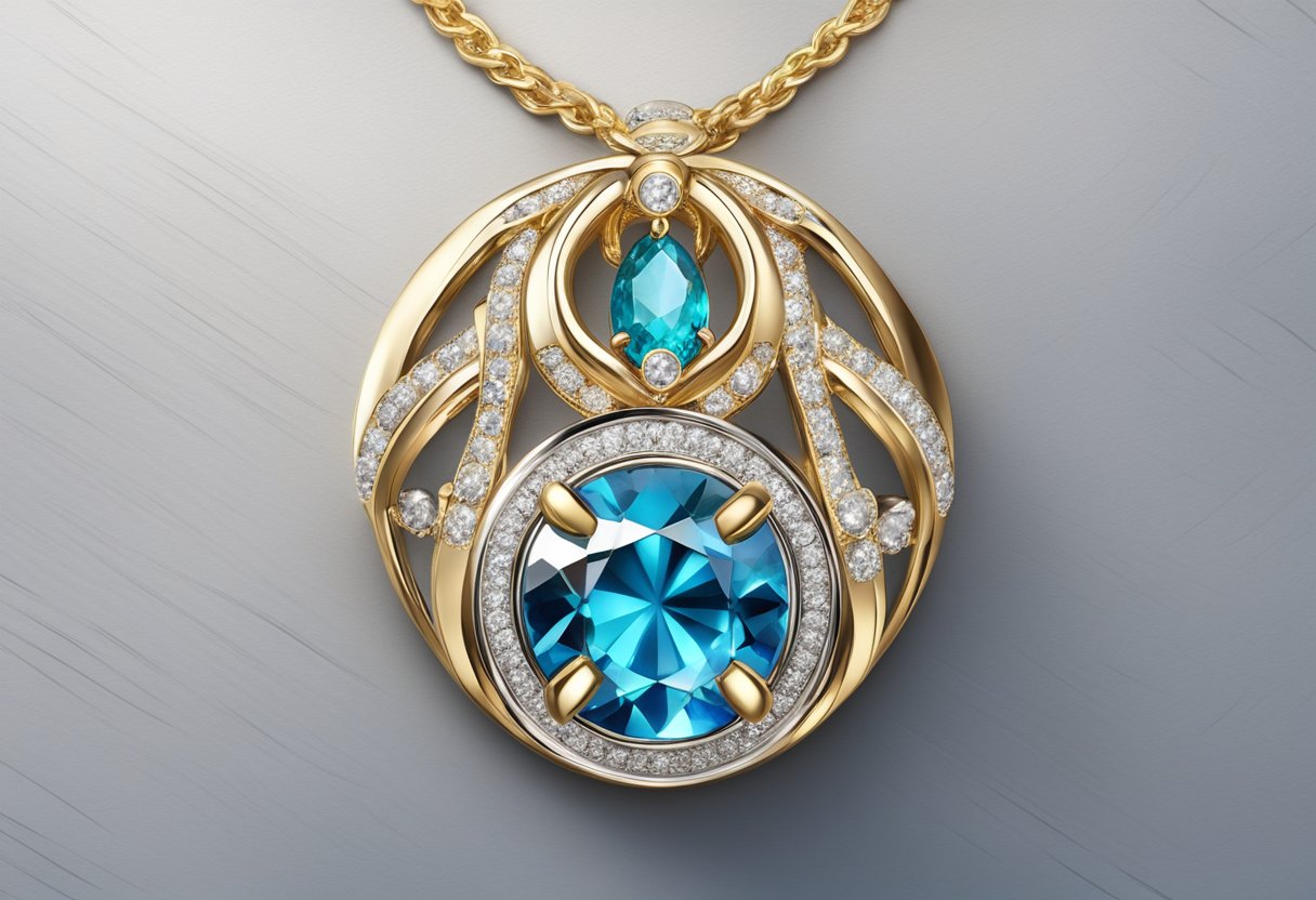 A sparkling Taurus birthstone set in a gold pendant, surrounded by delicate silver chains and shimmering gemstones