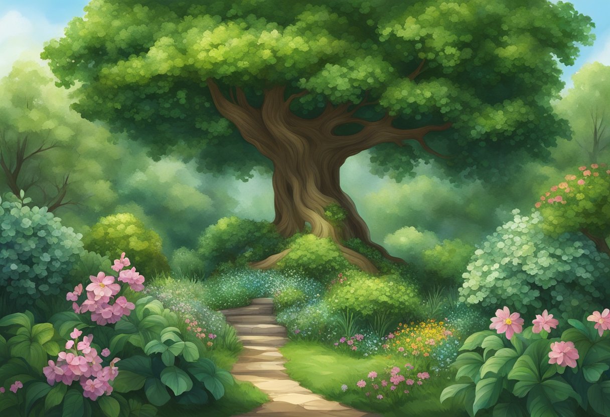 A lush green garden with blooming flowers, a sturdy oak tree, and a sparkling emerald birthstone nestled among the foliage