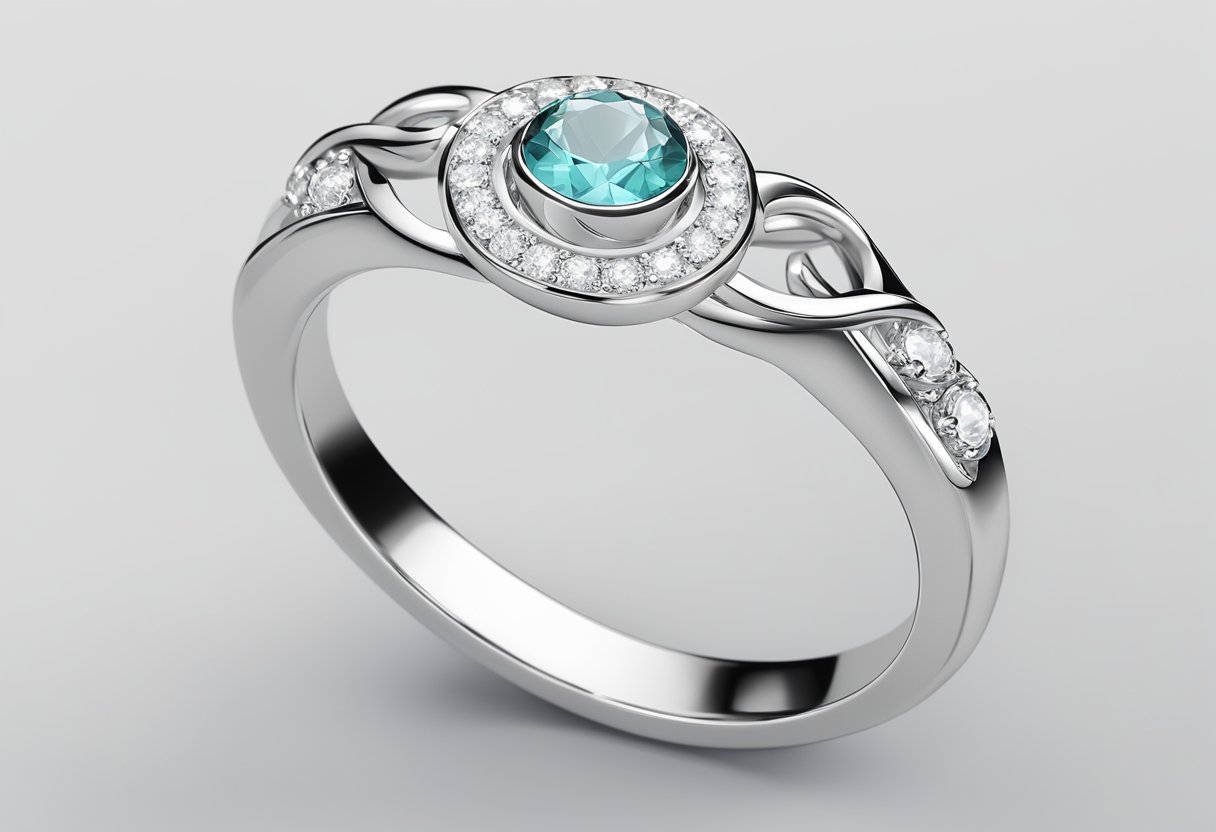 A purity ring displayed on a clean, white surface, with a simple, elegant design featuring a small, sparkling gemstone