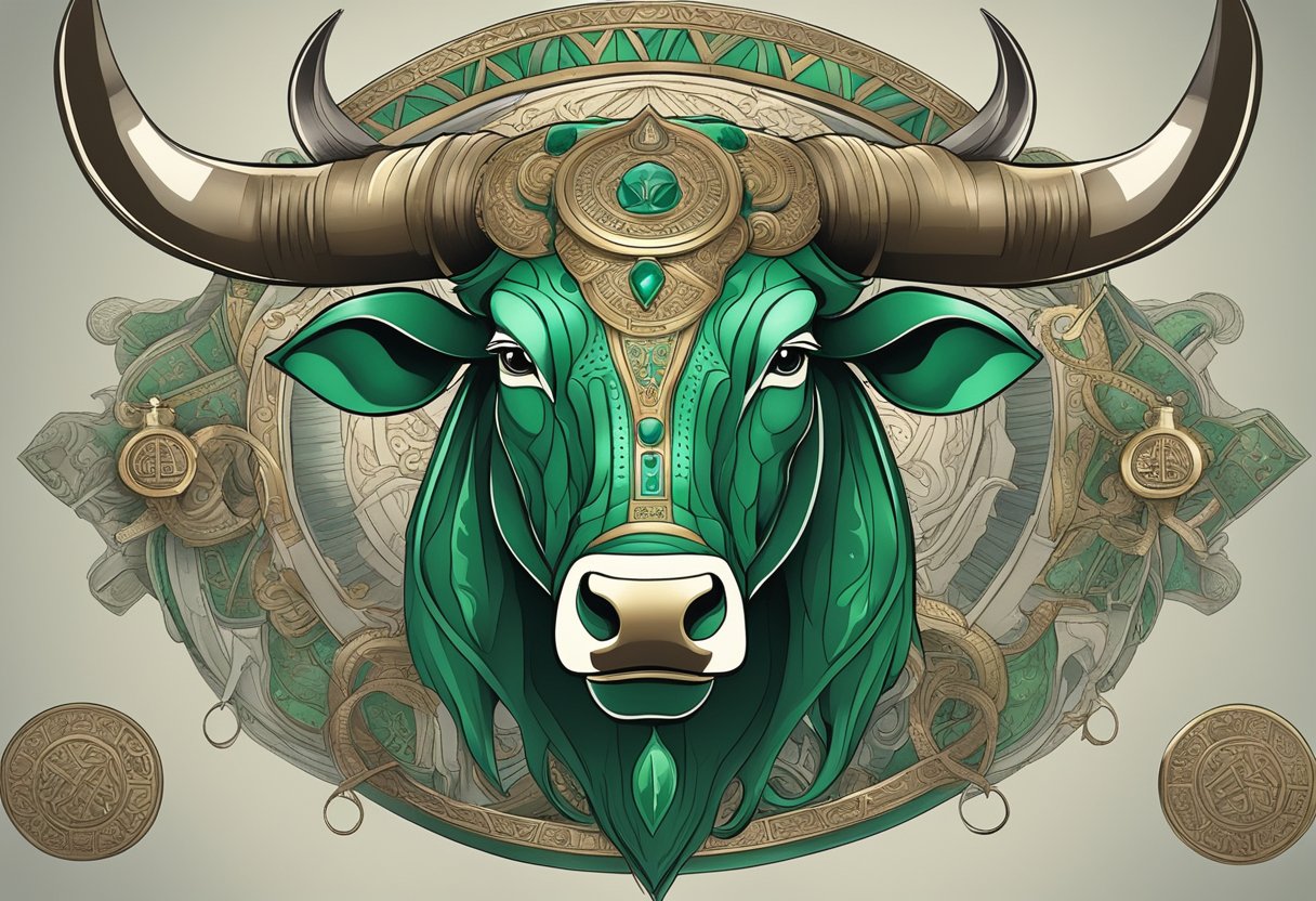 A majestic bull with a gleaming emerald set in its forehead, surrounded by ancient symbols and artifacts