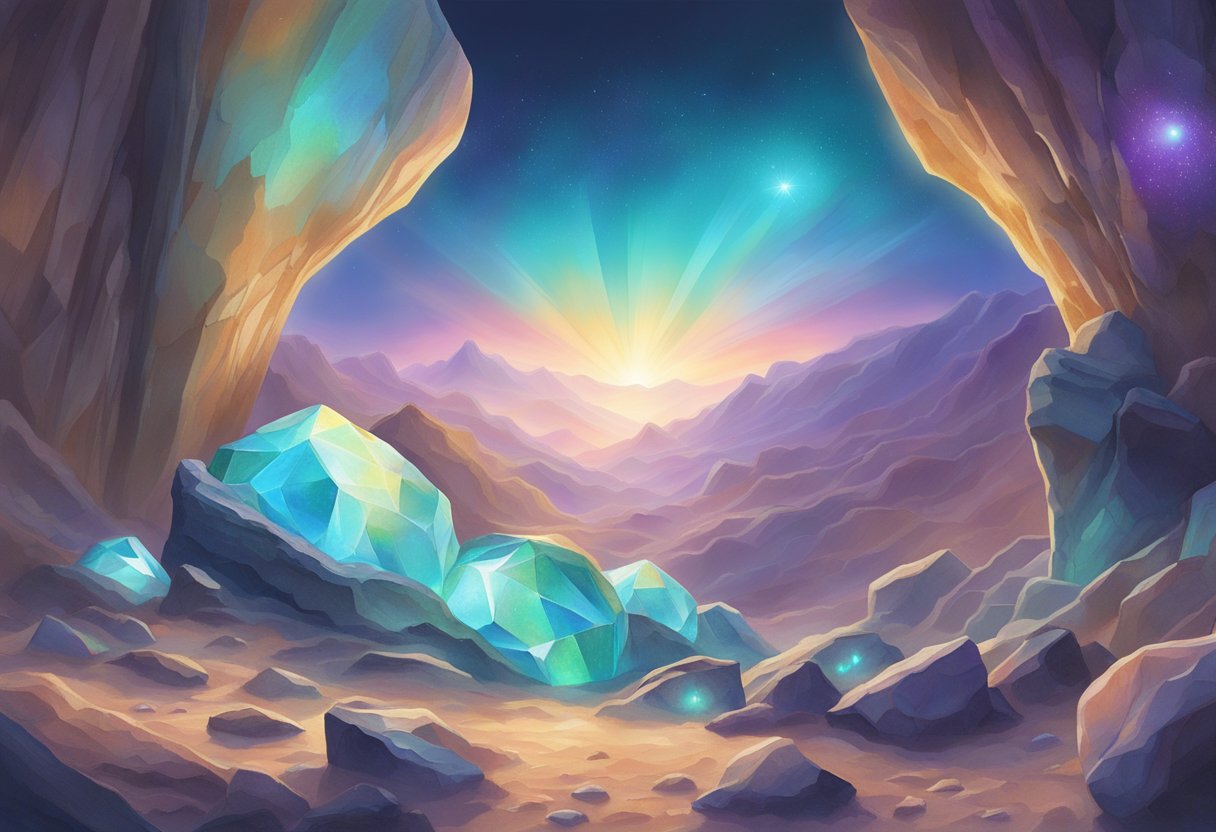 A shimmering opal nestled among rough, rocky formations, reflecting light in iridescent hues