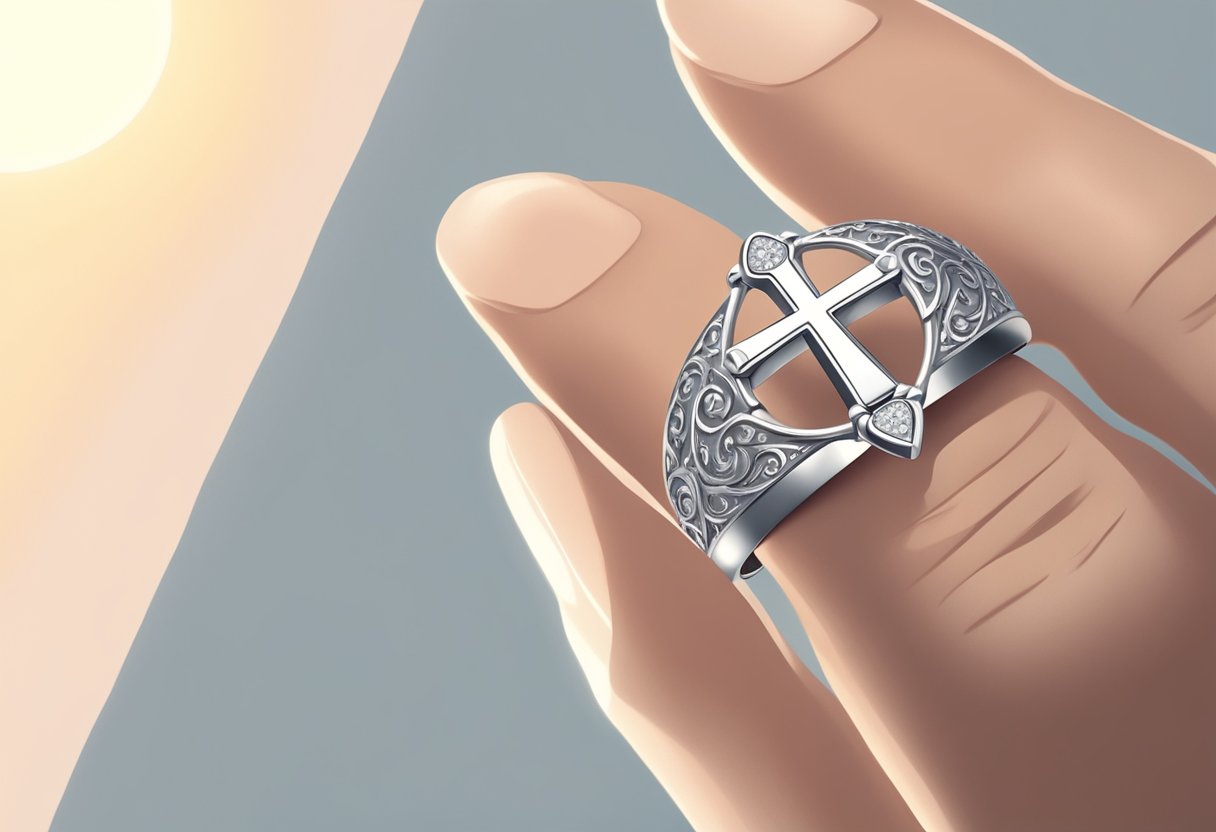 A hand holding a silver ring with a simple design, possibly featuring a heart or cross, against a background of soft light