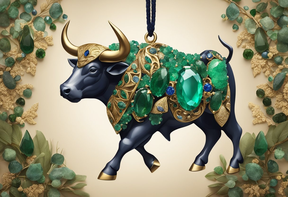 A bull-shaped pendant surrounded by emerald and sapphire gemstones, set against a backdrop of earthy tones and natural elements