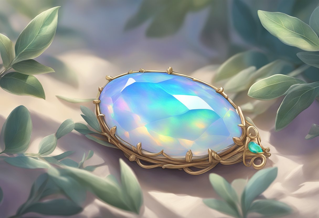 A serene opal resting on a bed of sage with soft light illuminating its iridescent colors