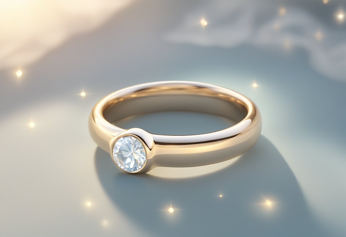 A simple, elegant purity ring resting on a smooth surface, surrounded by soft, ethereal light