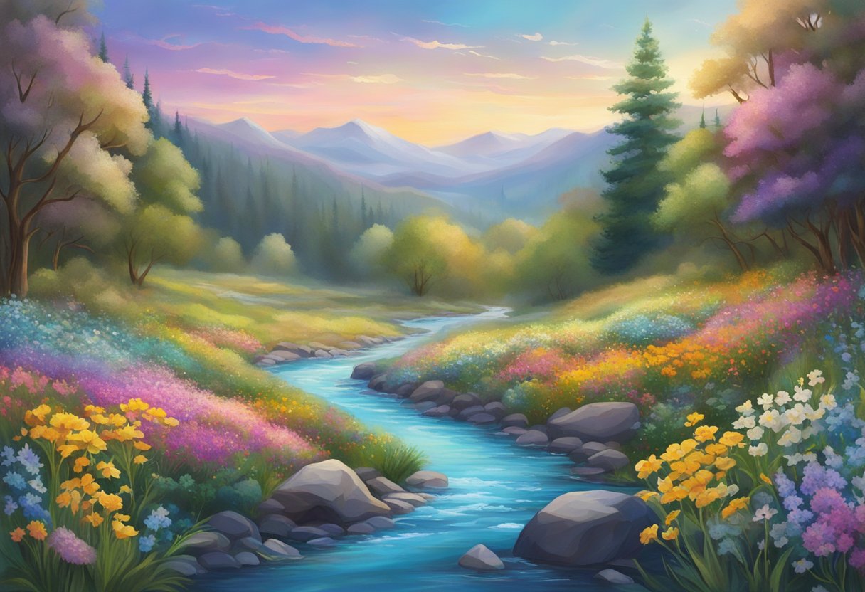 A shimmering opal nestled among vibrant wildflowers and a flowing stream