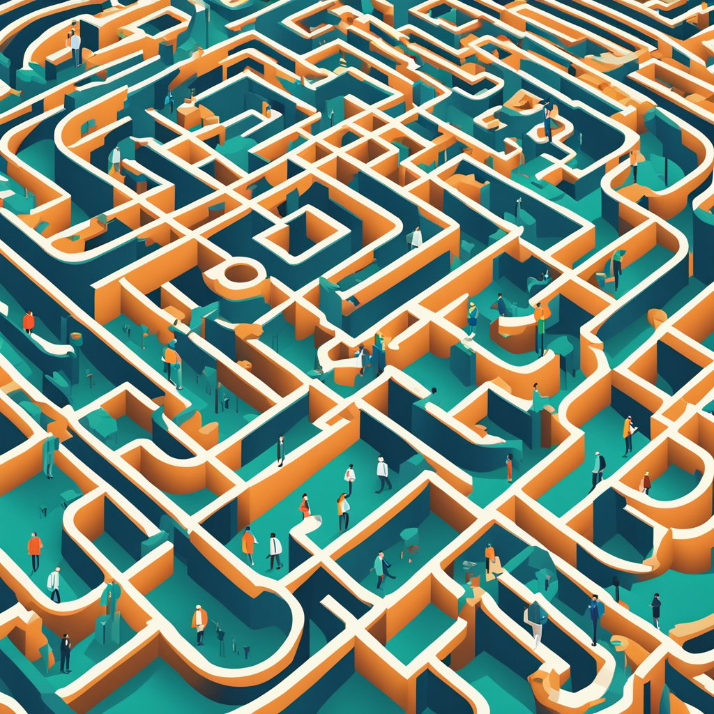 A maze with multiple paths, dead ends, and confused figures