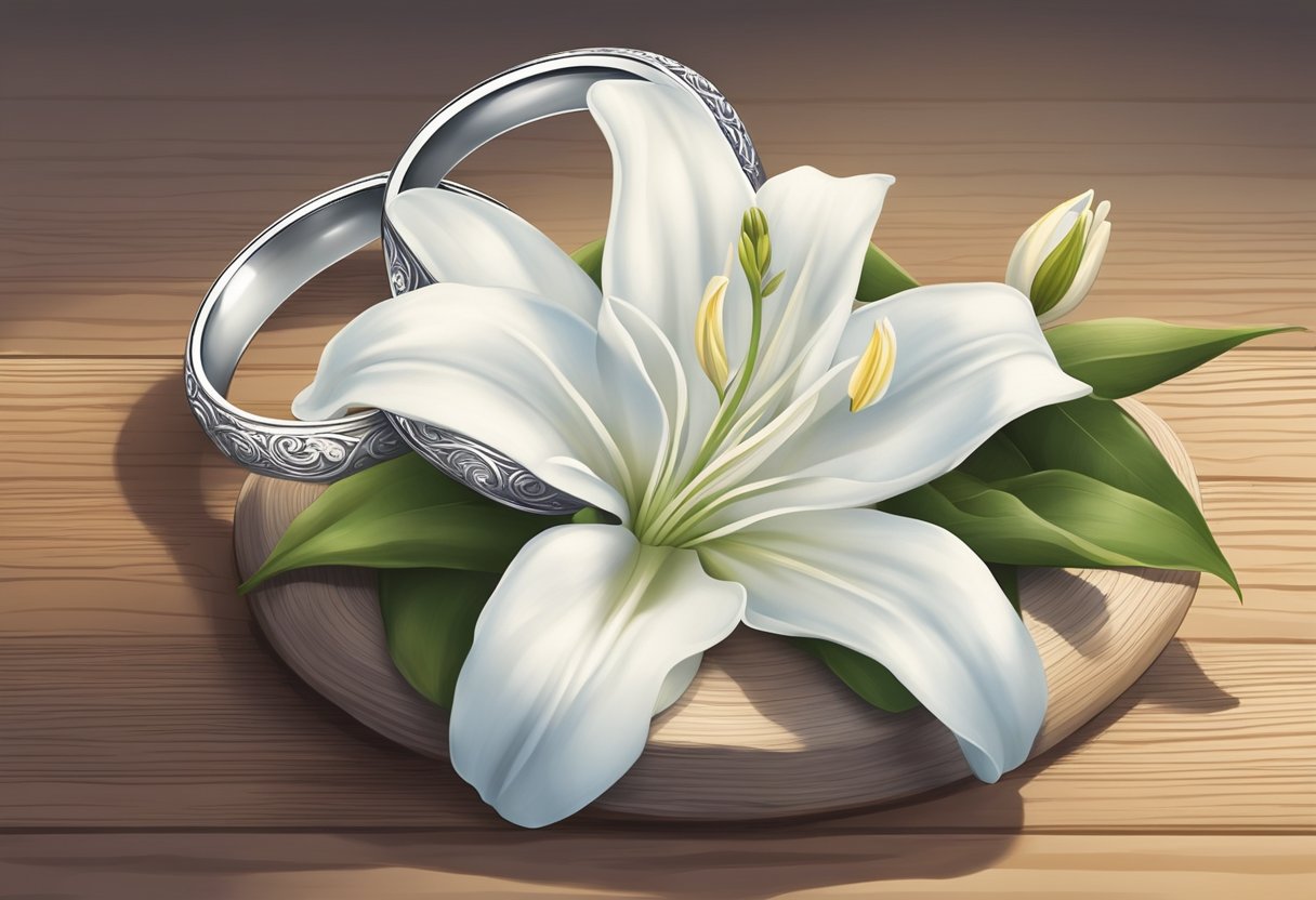 A purity ring placed on a simple wooden table, surrounded by symbols of faith and purity, such as a Bible and a white lily