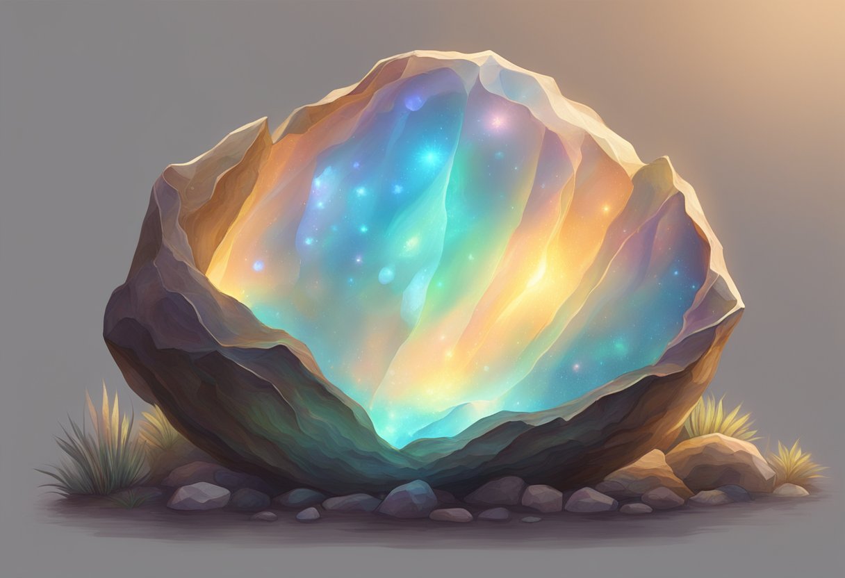 A glowing opal nestled in a bed of earthy tones, emanating a soft, iridescent light