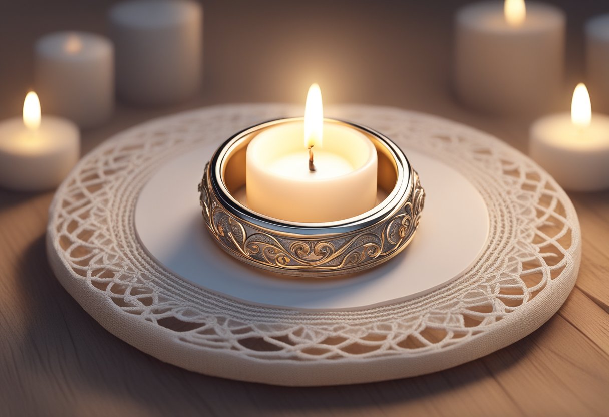 A purity ring displayed on a simple wooden stand, surrounded by soft candlelight and a delicate lace cloth