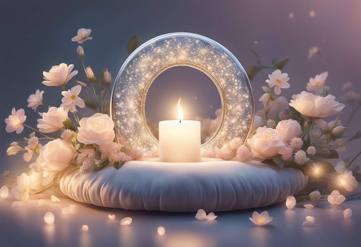 A purity ring resting on a velvet cushion, surrounded by delicate flowers and a soft, glowing light