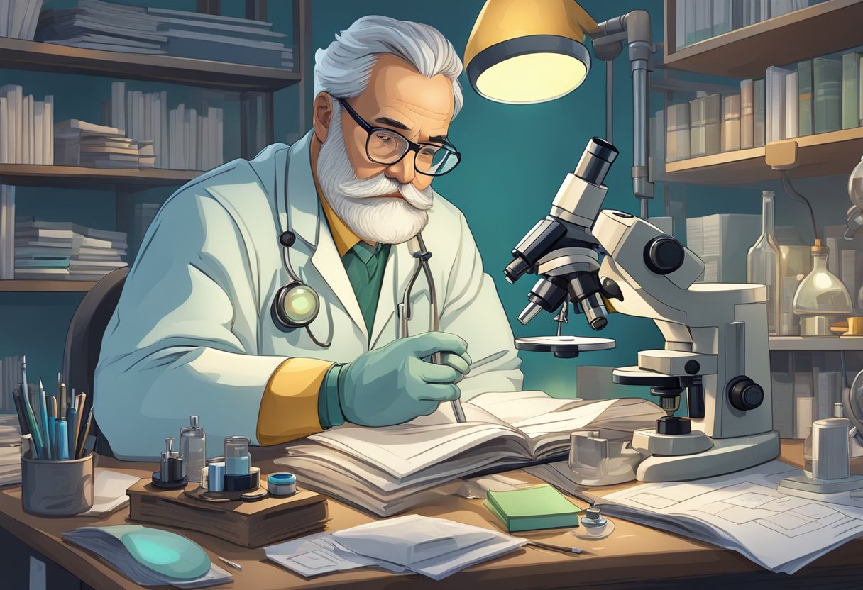 A scientist examines an opal under a microscope, surrounded by research papers and scientific equipment