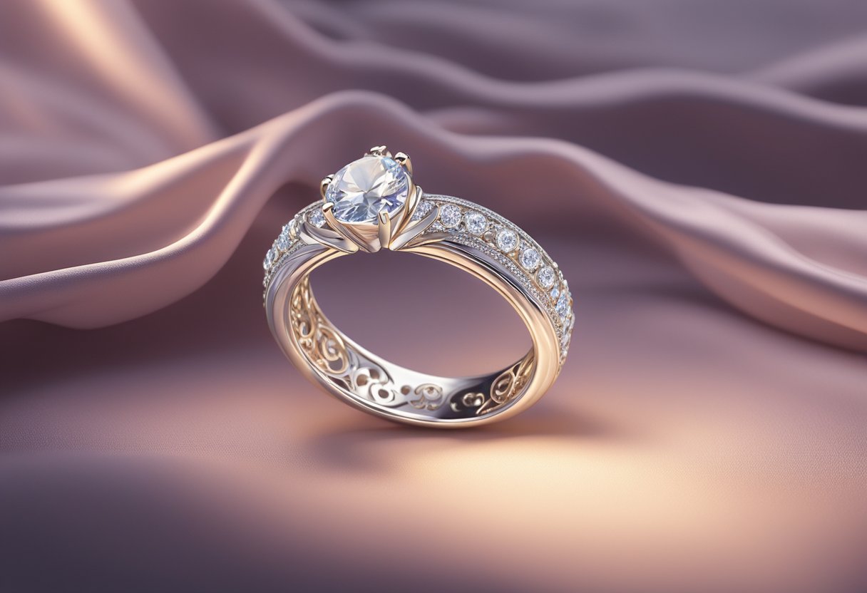 A purity ring displayed on a velvet cushion under soft lighting