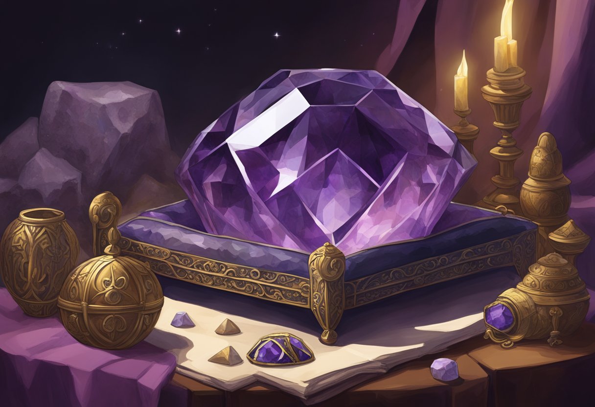 A regal amethyst crystal sits atop a velvet cushion, surrounded by ancient artifacts and glowing with a sense of historical significance