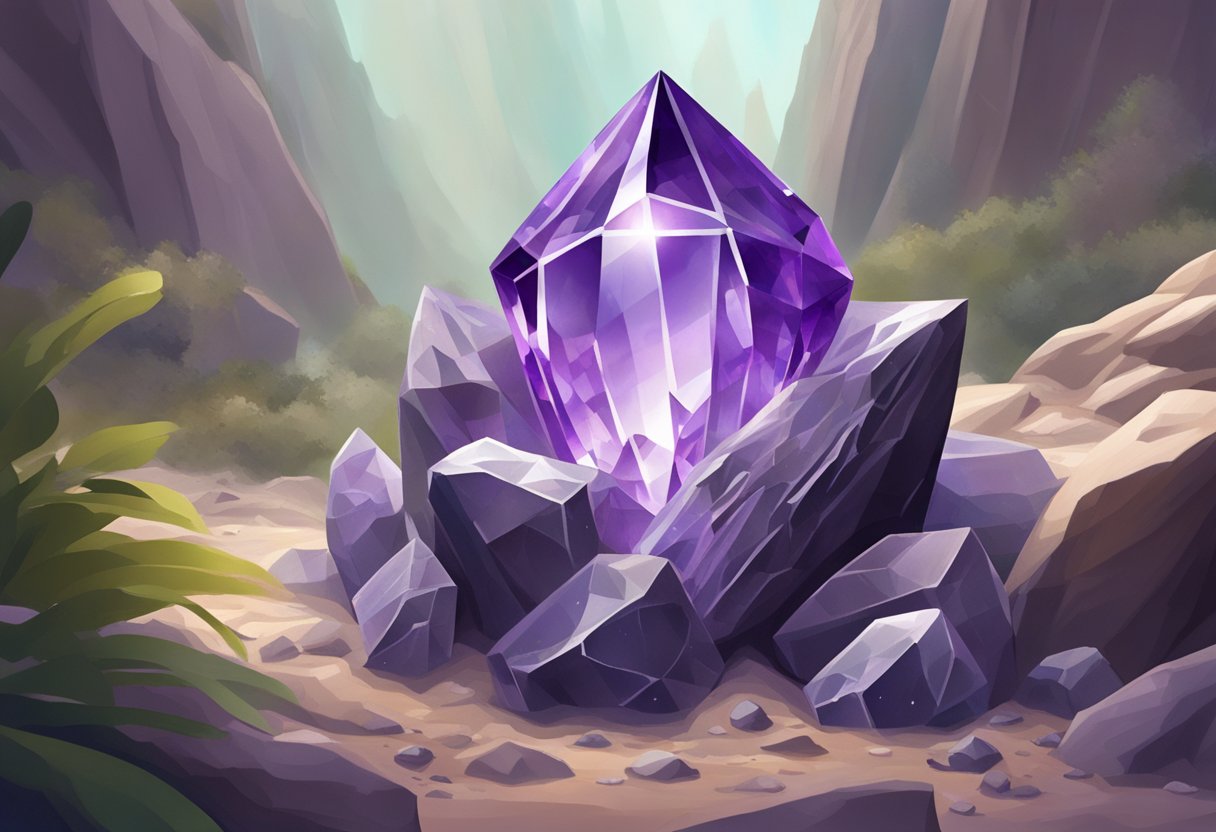 A sparkling amethyst crystal nestled in a rocky geological formation