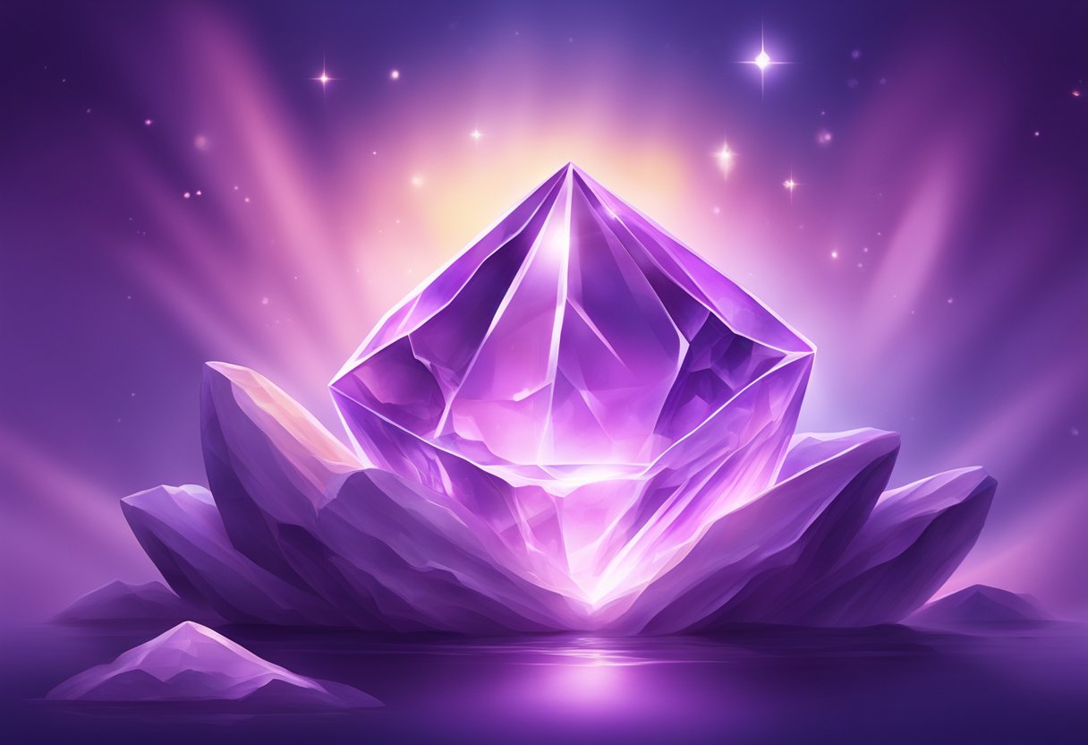 A serene amethyst crystal surrounded by soft, glowing light, emanating a sense of peace and tranquility